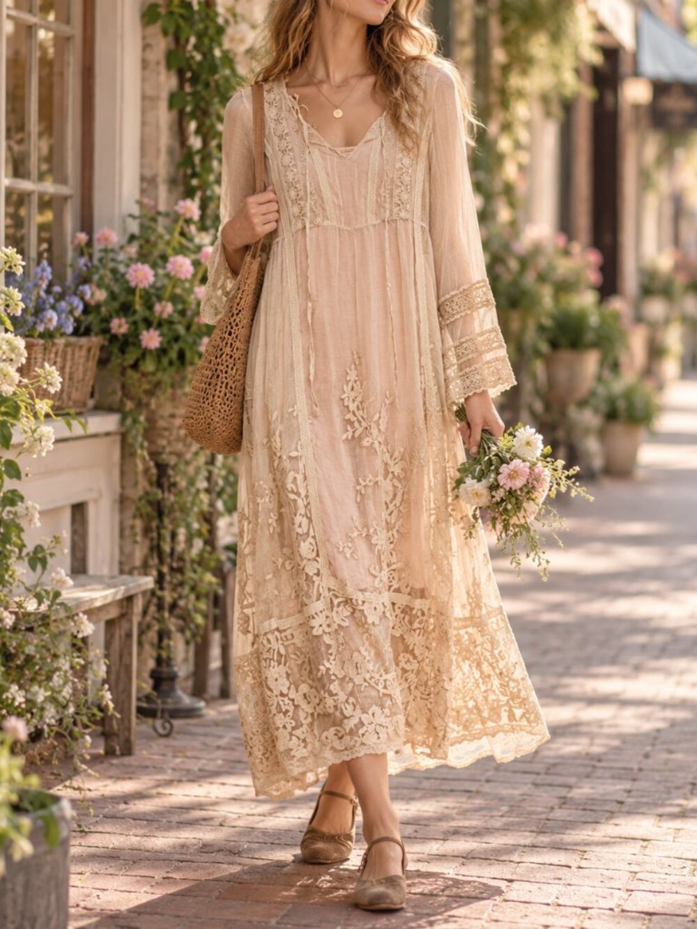 Sundance Soul of Sienna 100% Silk Embroidered Lace Maxi Dress S Fairycore
